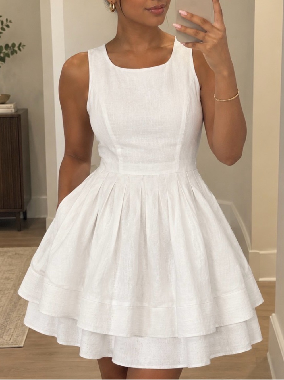 Antonio Melani White Tiered Linen Blend Elegant Sleeveless Dress